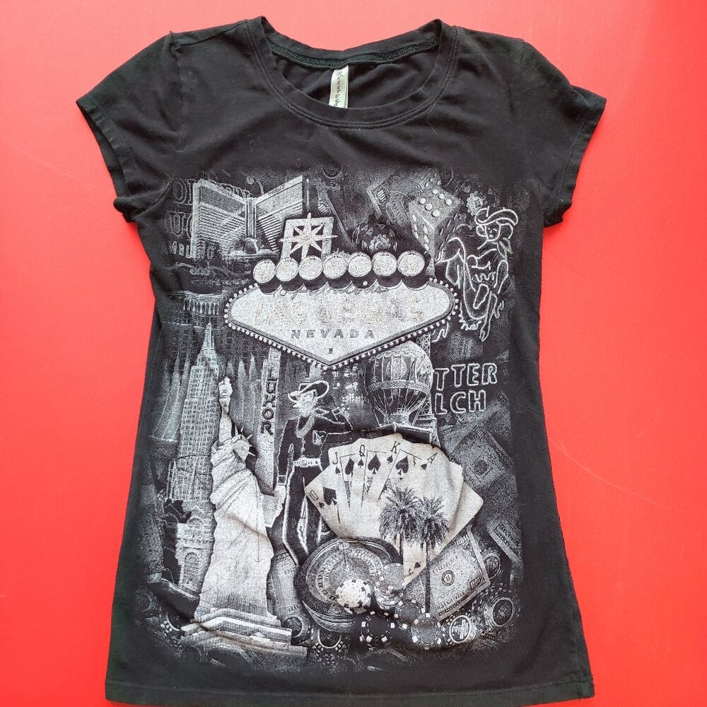 Reserved Las Vegas short sleeve T-shirt black graphic glittery women's size L